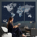 Blue Detailed World Map Wall Art Canvas Print, Modern Framed