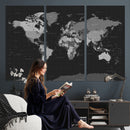 Black World Map Wall Art Canvas Print – Detailed Map of the