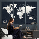 Black World Map Wall Art Canvas Print for Home Office and
