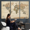Vintage World Map Canvas Wall Art - Rustic Grunge Texture