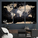 Grunge World Map Wall Art | 3-Panel Large Beige and Brown