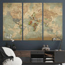 World Map Wall Art Canvas Print, Rustic Map Print, Framed