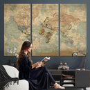 World Map Wall Art Canvas Print, Rustic Map Print, Framed