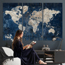 Large Blue World Map Wall Art Canvas Print for Home Office