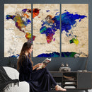 Colorful World Map Canvas Wall Art – Abstract Watercolor Map