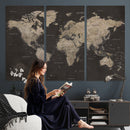 World Map Canvas Wall Art Dark Charcoal Antique Tan Detailed