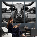 Black White Texas Longhorn Bull Canvas Wall Art, Western Ranch Cattle Photography Print, Rustic Farmhouse Cowboy Decor Artwork