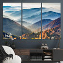 Misty Mountain Sunrise Triptych Canvas Print – Autumn