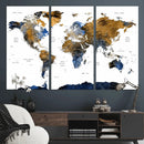 Modern Abstract World Map Canvas Wall Art – Framed Blue and