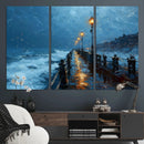Stormy Night at Beach Pier Oil Painting Large Wall Art