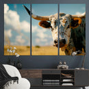 Longhorn in the Prairie - Stunning Ranch-Style Triptych Wall
