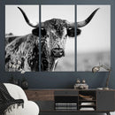 Texas Cow Longhorn Wall Art Canvas Print in Black and White