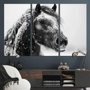 Winter Horse Canvas Print | Large 3-Panel Black White Equine