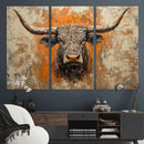 Abstract Cow Longhorn Bull Wall Art Canvas Print - Rustic