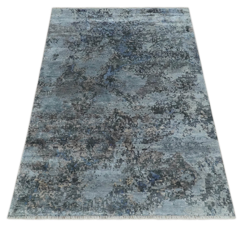 5x8 and 6x9 Silver, Charcoal and Blue Modern Abstract Handmade Wool Area Rug