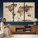 Vintage World Map Wall Art Canvas Print for Living Room,