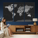 Black World Map Wall Art Canvas Print – Detailed Map of the