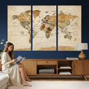 Vintage World Map Canvas Print – Framed Rustic Detailed Map