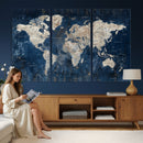 Large Blue World Map Wall Art Canvas Print for Home Office
