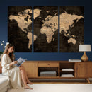 Brown World Map Canvas Print – Modern Travel Map Wall Art,