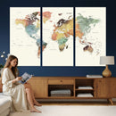 Framed World Map Wall Art Canvas Print for Living Room and