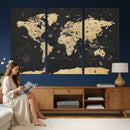Vintage Blue and Brown World Map Canvas Wall Art – Framed