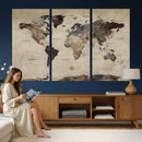 Neutral Watercolor World Map Canvas Wall Art – Framed Earth