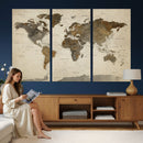Vintage World Map Canvas Wall Art – Framed Travel Map for