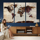 World Map Canvas Triptych – Colorful Global Wall Art for