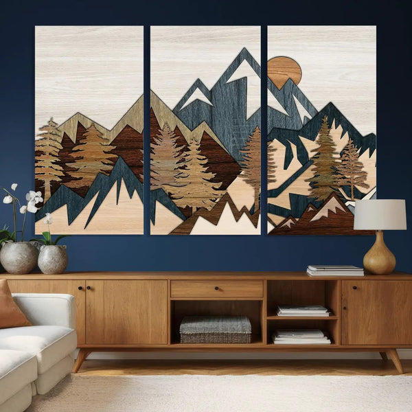 Wood Style Mountain Wall Art Canvas Print, Layered Wood
