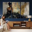 Black Woman Canvas Wall Art — Black Gold Gown Fashion Print by MyGreatCanvas | Canvas Wall Art Prints | Photo Prints & Wall Decor