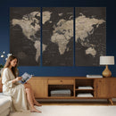 World Map Canvas Wall Art Dark Charcoal Antique Tan Detailed