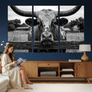 Black White Texas Longhorn Bull Canvas Wall Art, Western Ranch Cattle Photography Print, Rustic Farmhouse Cowboy Decor Artwork