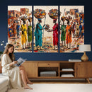 African Folk Art Canvas Wall Art, Colorful African Women Village Painting Print, Tribal Ethnic Home Decor, Vibrant African Art, Living Room