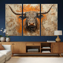 Abstract Cow Longhorn Bull Wall Art Canvas Print - Rustic