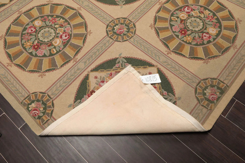 9x12 Beige Hand Hooked 100% Wool Traditional French Aubusson Oriental Area Rug