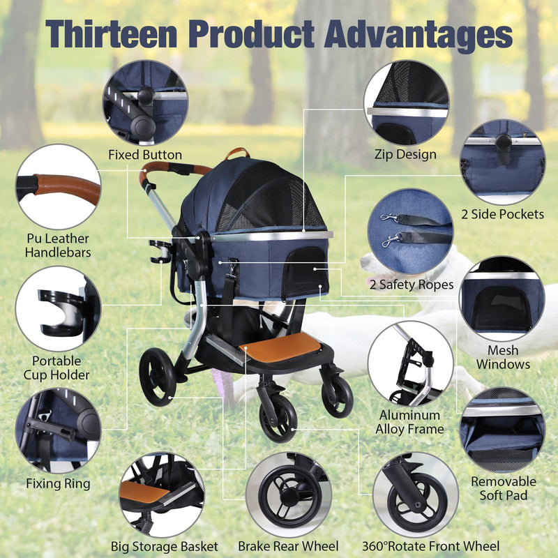 3 in 1 Foldable Aluminum Alloy Frame Pet Stroller with Detachable Carrier & Cup Holder, Up to 33 lbs