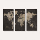 World Map Canvas Wall Art Dark Charcoal Antique Tan Detailed