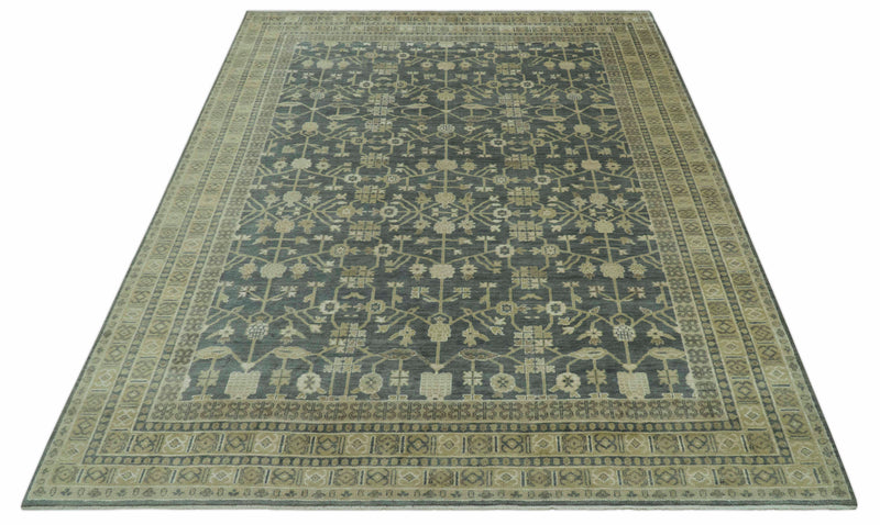 Traditional Design Charcoal And Beige 9x12 Hand Knotted Wool Area Rug