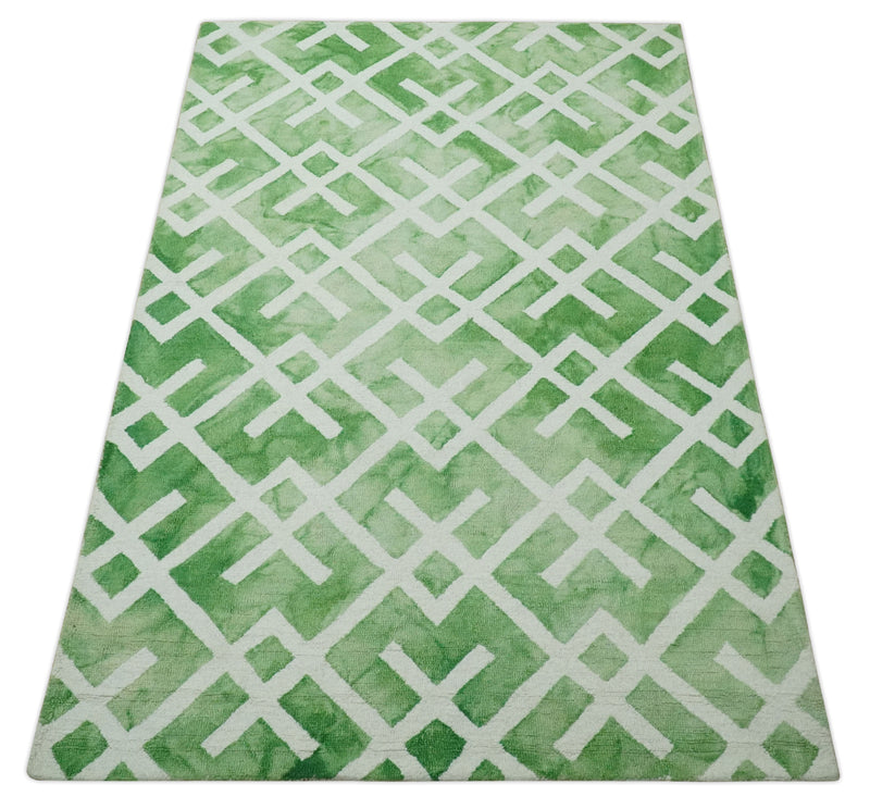 5x8 Ivory and Green Stripes Pattern Hand Tufted Wool Area Rug