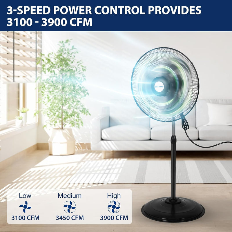 BILT HARD 18" 3900 CFM Oscillating Pedestal Fan: High Velocity, 3-Speed Metal Shop Fan, UL Listed