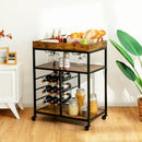 3-Tier Wood Rolling Kitchen Serving Cart with 9 Wine Bottles Rack Metal Frame-Rustic Brown by LJGDeals