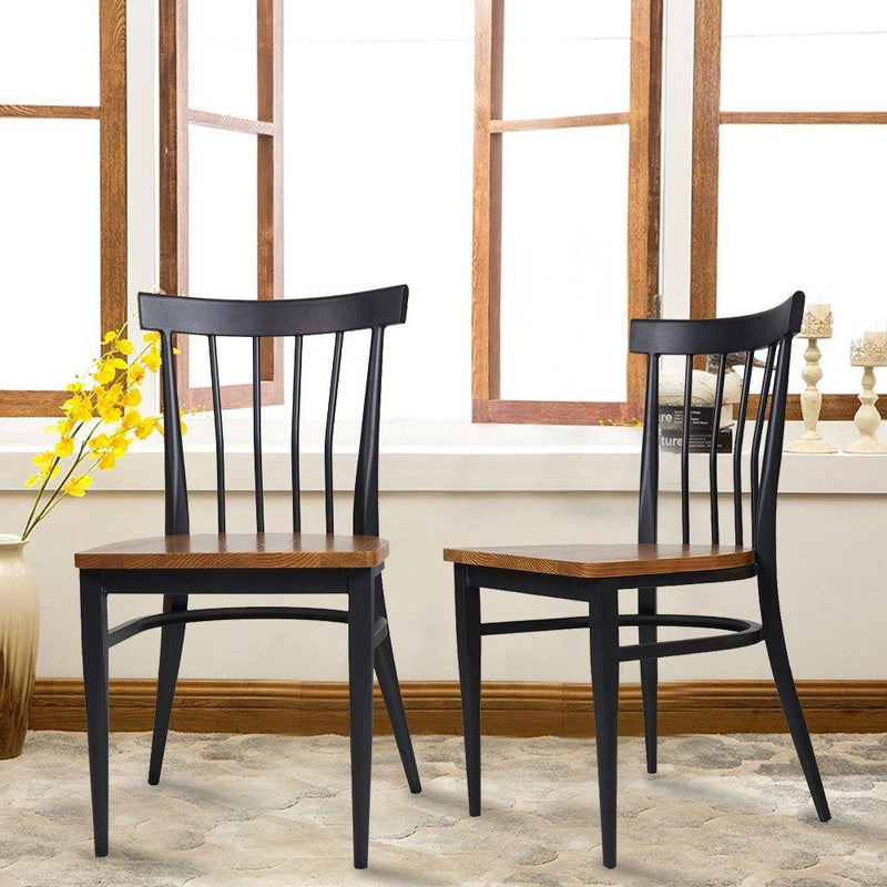 Set of 2 Slat Back Dining Chairs Metal Leg Side Chairs with Wood Seat, Black