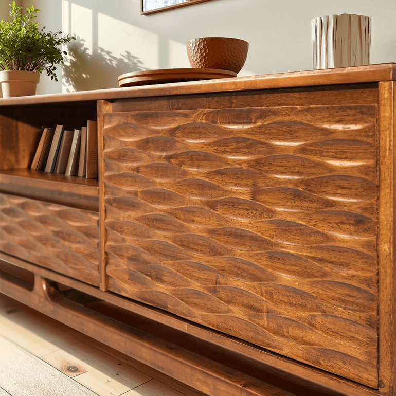 Acacia Elara Solid Wood TV Stand with Storage and Cable Management for TVs up to 80"