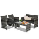 4 Pieces Patio Rattan Furniture Set with Glass Table and Loveseat-Gray by LJGDeals