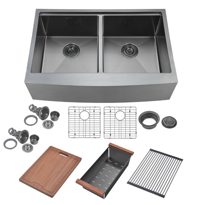 Zeek 33" Farmhouse Workstation Double Bowl Gunmetal Matte Black Kitchen Sink With Accessories PVD Nano Tech Coating ENZO ZA-B552