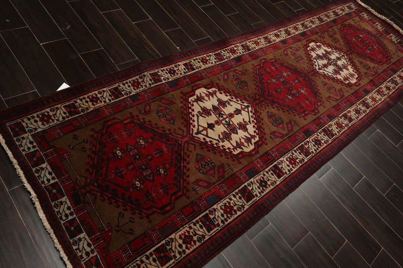 3'8" x 11' Vintage Runner Hand Knotted Wool Tribal Hamadan Area Rug Brown
