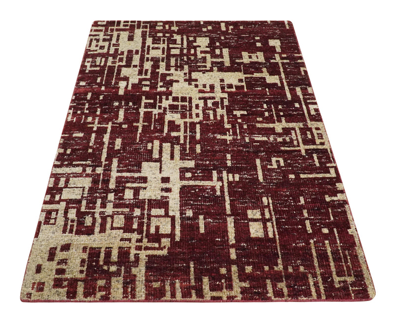 4x6 Hand Knotted Camel and Maroon Modern Abstract Contemporary Recycled Silk Area Rug | OP64