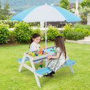3-in-1 Kids Outdoor Picnic Water Sand Table with Umbrella Play Boxes-Blue