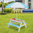 3-in-1 Kids Outdoor Picnic Water Sand Table with Umbrella Play Boxes-Blue